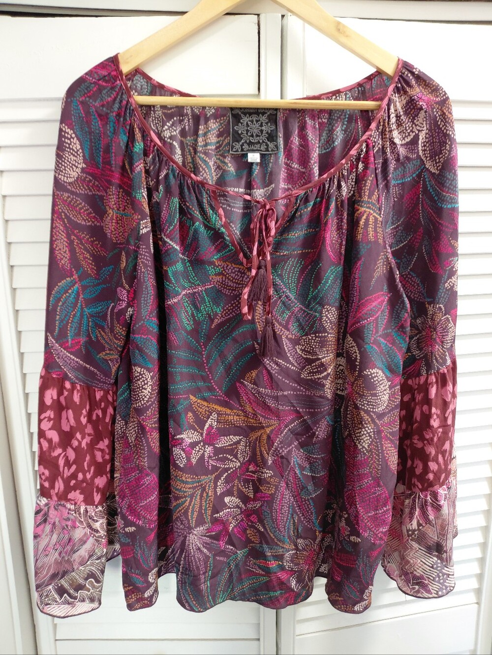 Johnny Was Plum Floral Silk Tie-Neck Peasant Blouse